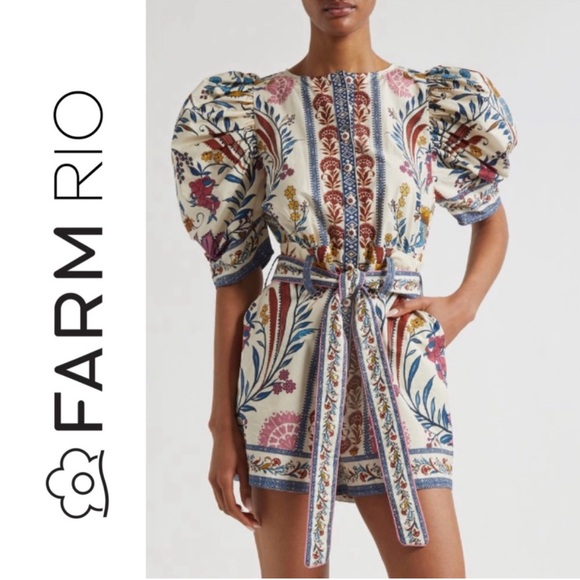 FARM Rio Pants - NWT FARM Rio Romantic Lightness Puff Short Sleeve Romper in Blue Pattern Size S